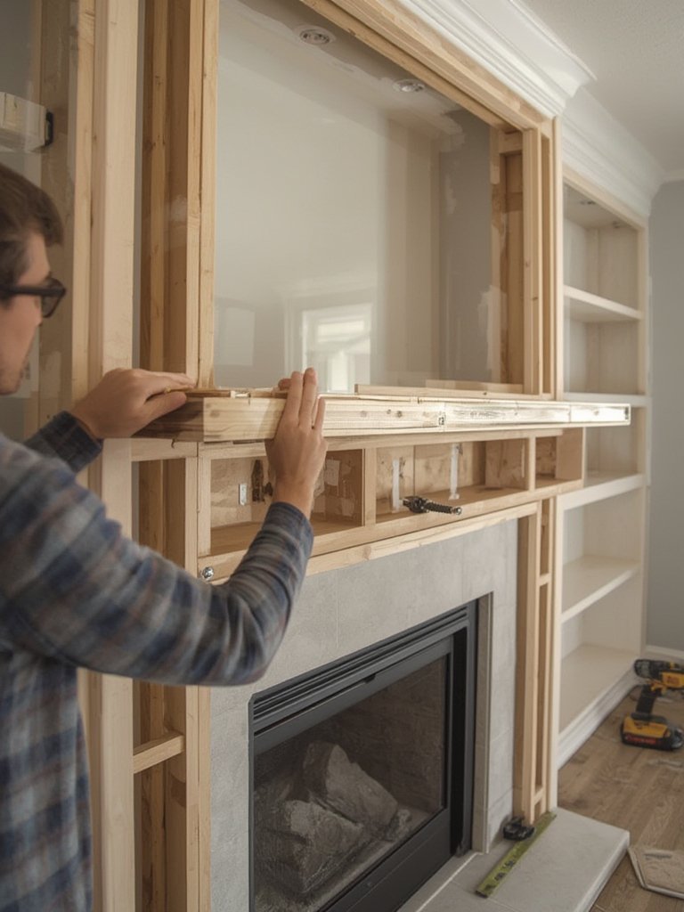 built-in fireplace surround with shelves - Illustration 2