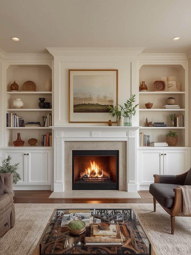 built-in fireplace surround with shelves - Illustration 3