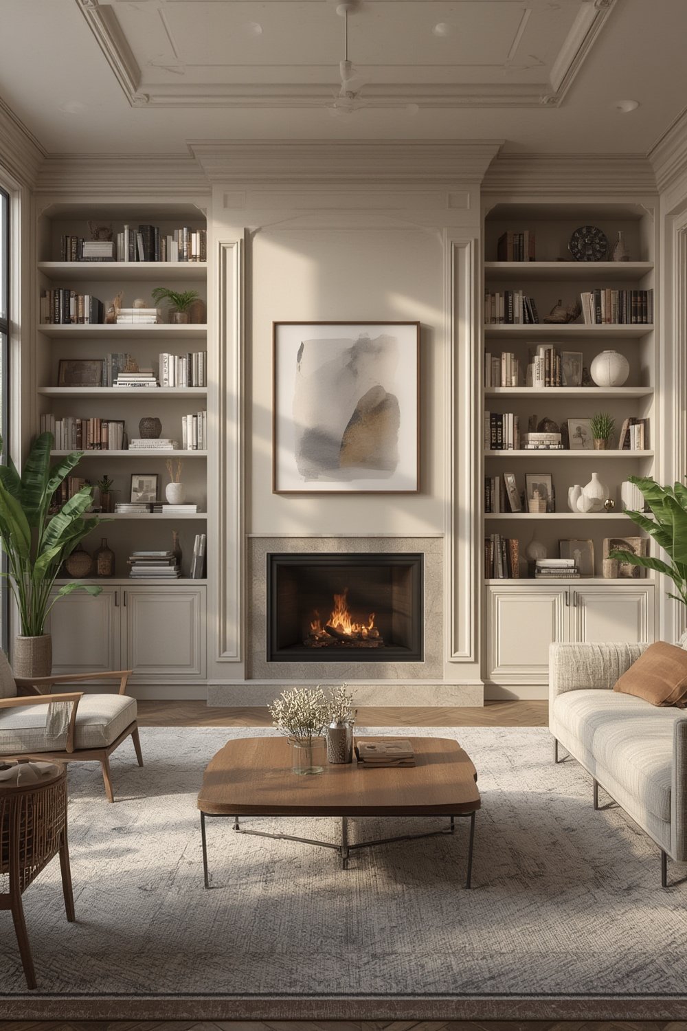 built-in fireplace surround with shelves - Illustration 1
